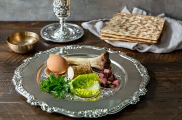 A silver Seder Plate with the seder components and a cup of wine and Matzah in the background.