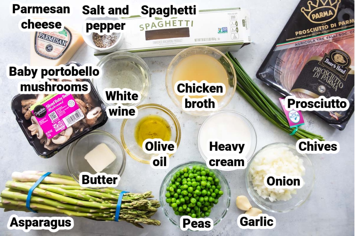 Labeled ingredients for Pasta with Peas and Prosciutto.