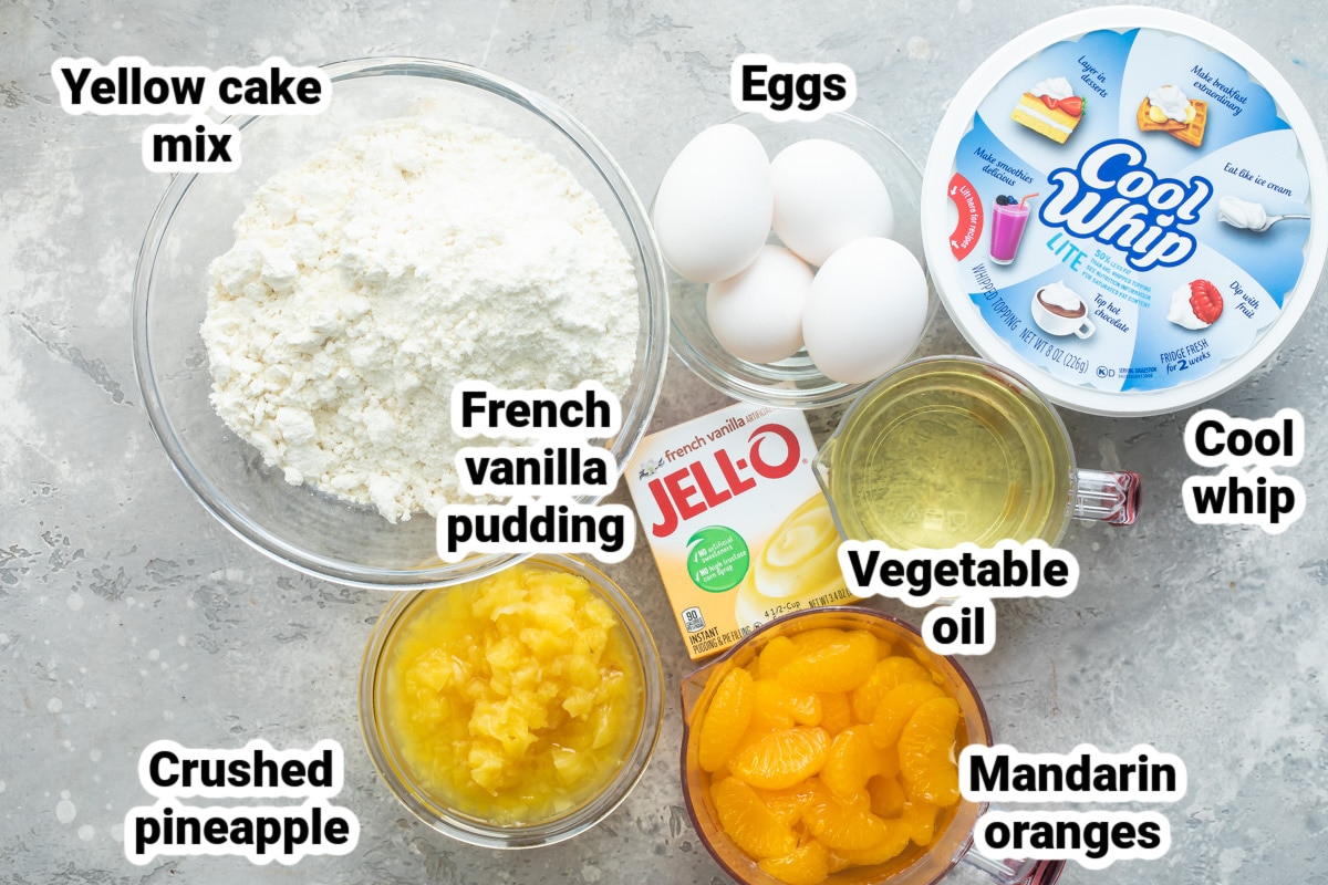 Labeled ingredients for pig pickin cake.