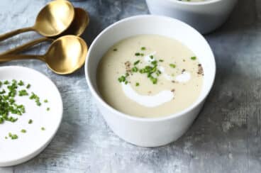 Bowls of potato leek soup.