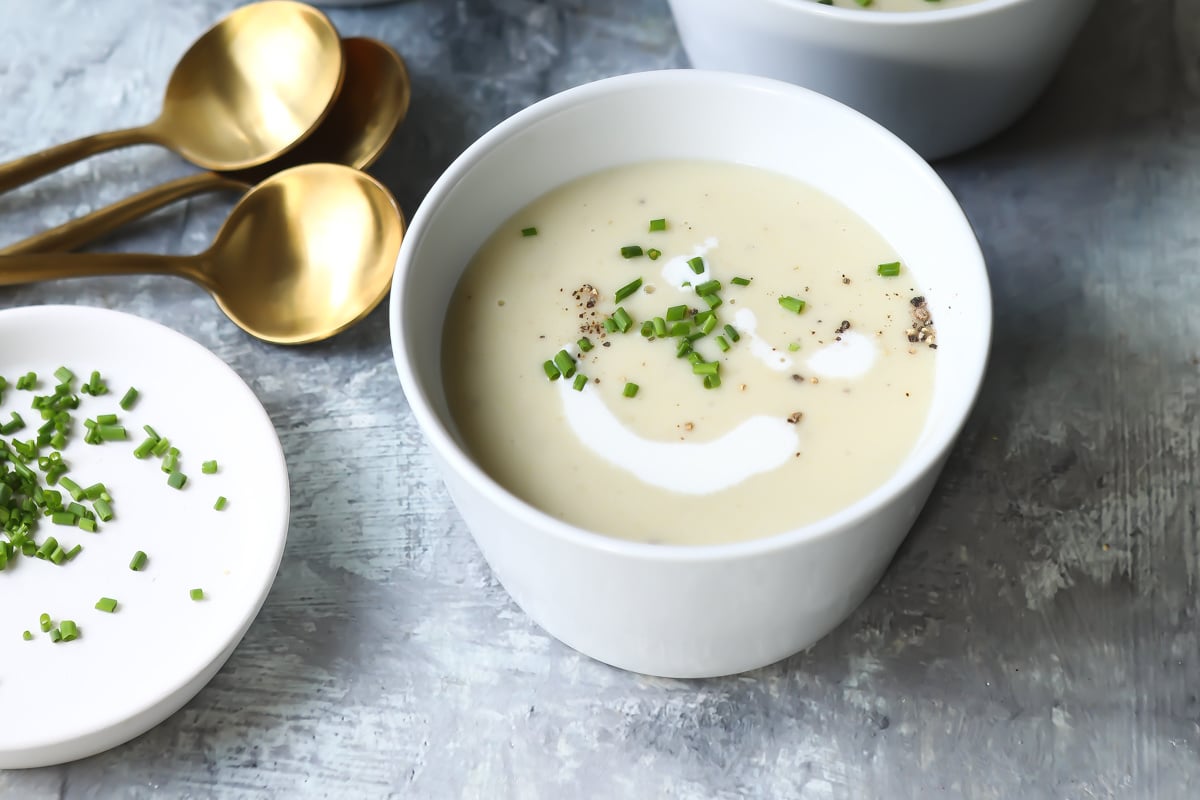 Bowls of potato leek soup.