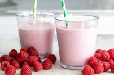 2 glasses of raspberry smoothie.