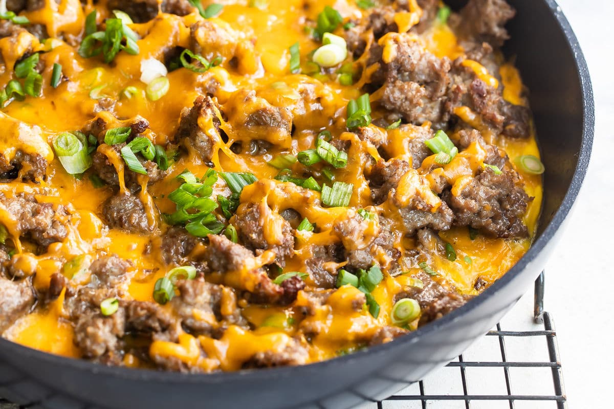 Sausage hash brown in a skillet.