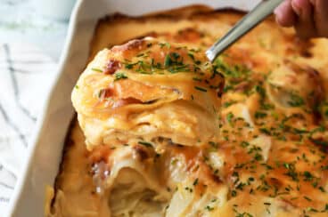 A 9x13 baking pan full of scalloped potatoes.