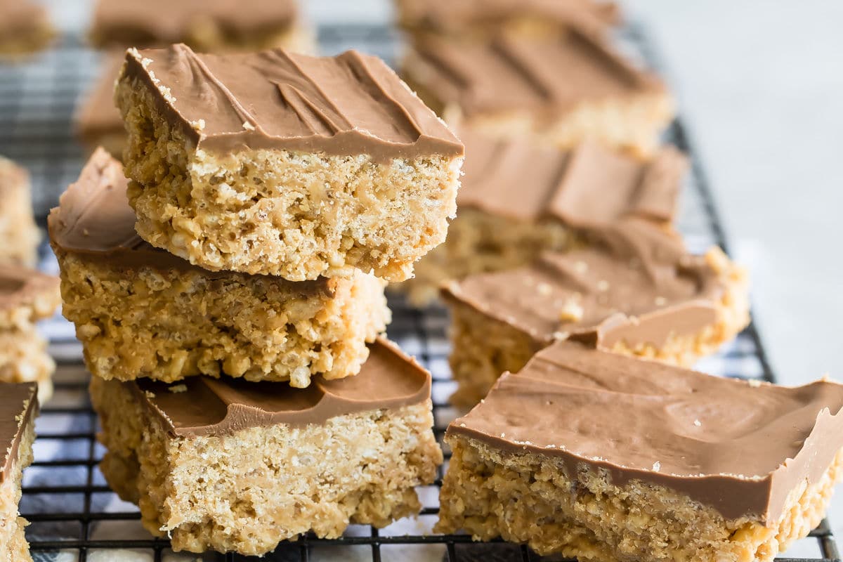 Scotcheroos on a cooling rack.