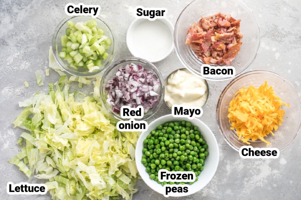 Labeled ingredients for seven layer salad.