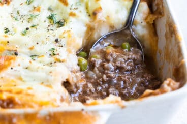 A baking dish full of Shepherd's Pie.
