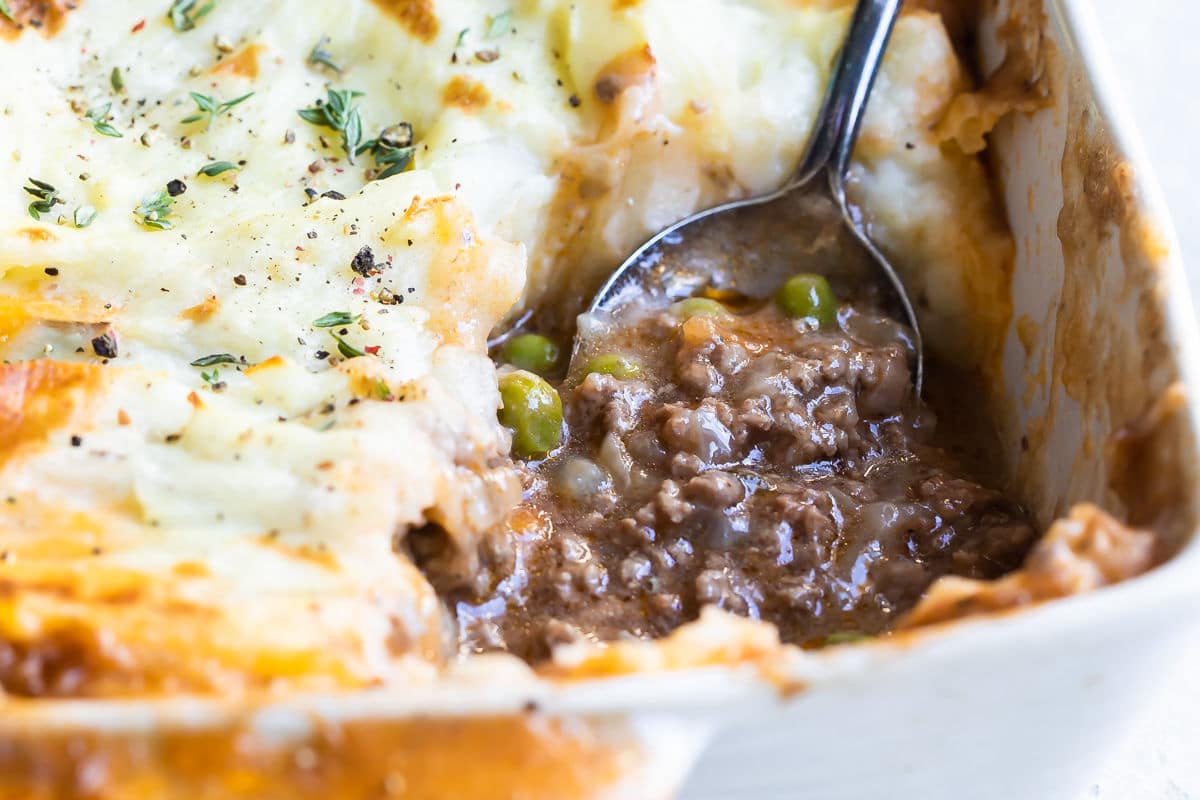 A baking dish full of Shepherd's Pie.