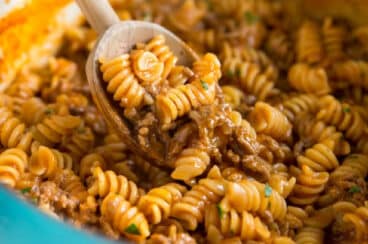 Sloppy Joe Casserole in a blue Dutch oven.
