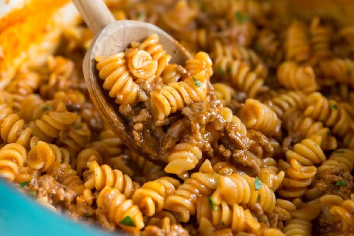 Sloppy Joe Casserole in a blue Dutch oven.