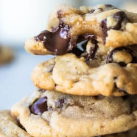 A stack of soft chocolate chip cookies.