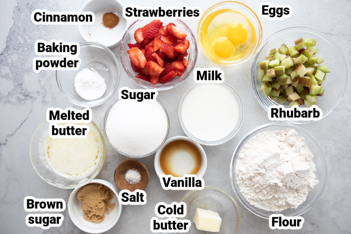 Labeled ingredients for strawberry rhubarb muffins.