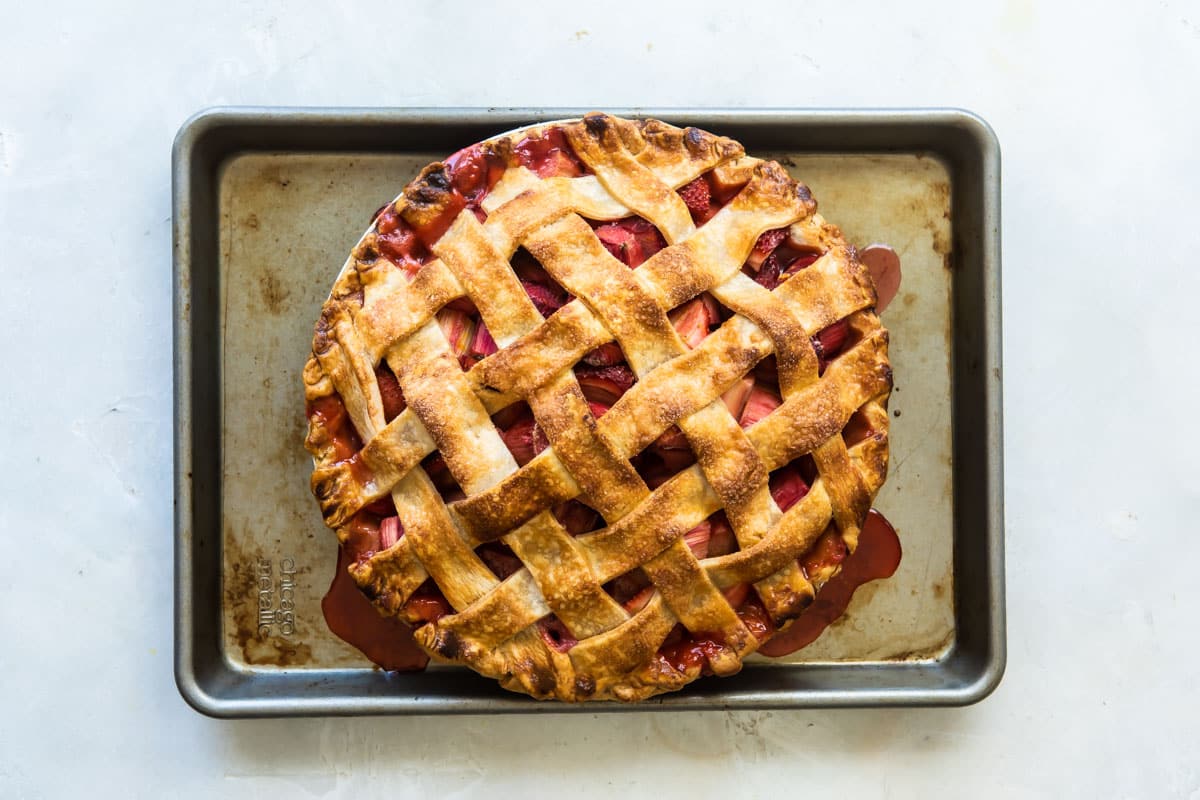 A baked strawberry rhubarb pie.