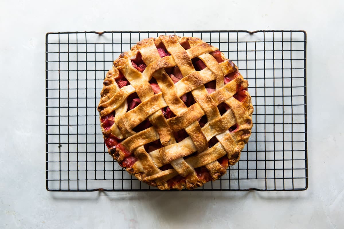 A baked strawberry rhubarb pie.