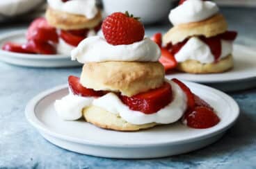 Plates of strawberry shortcake.