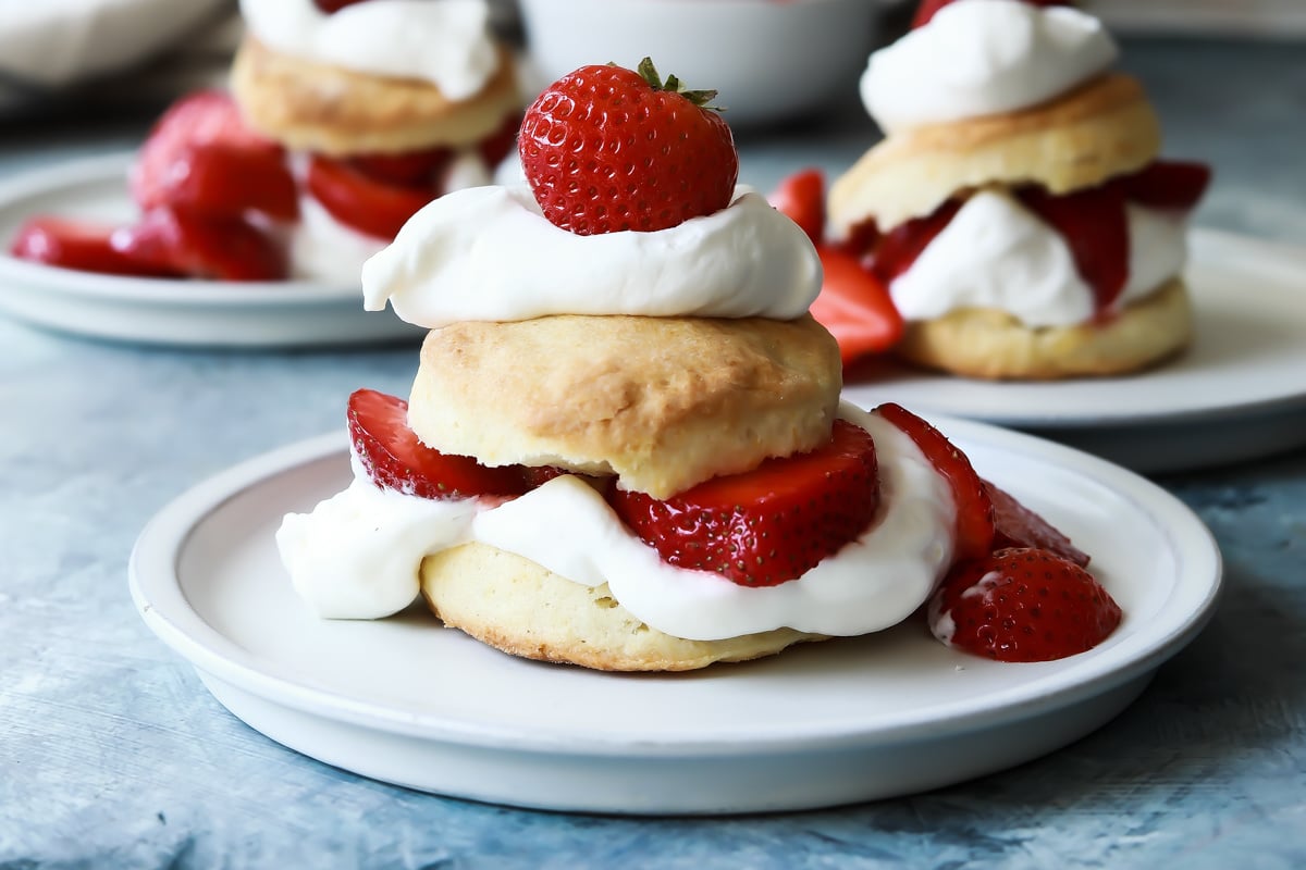 Plates of strawberry shortcake.
