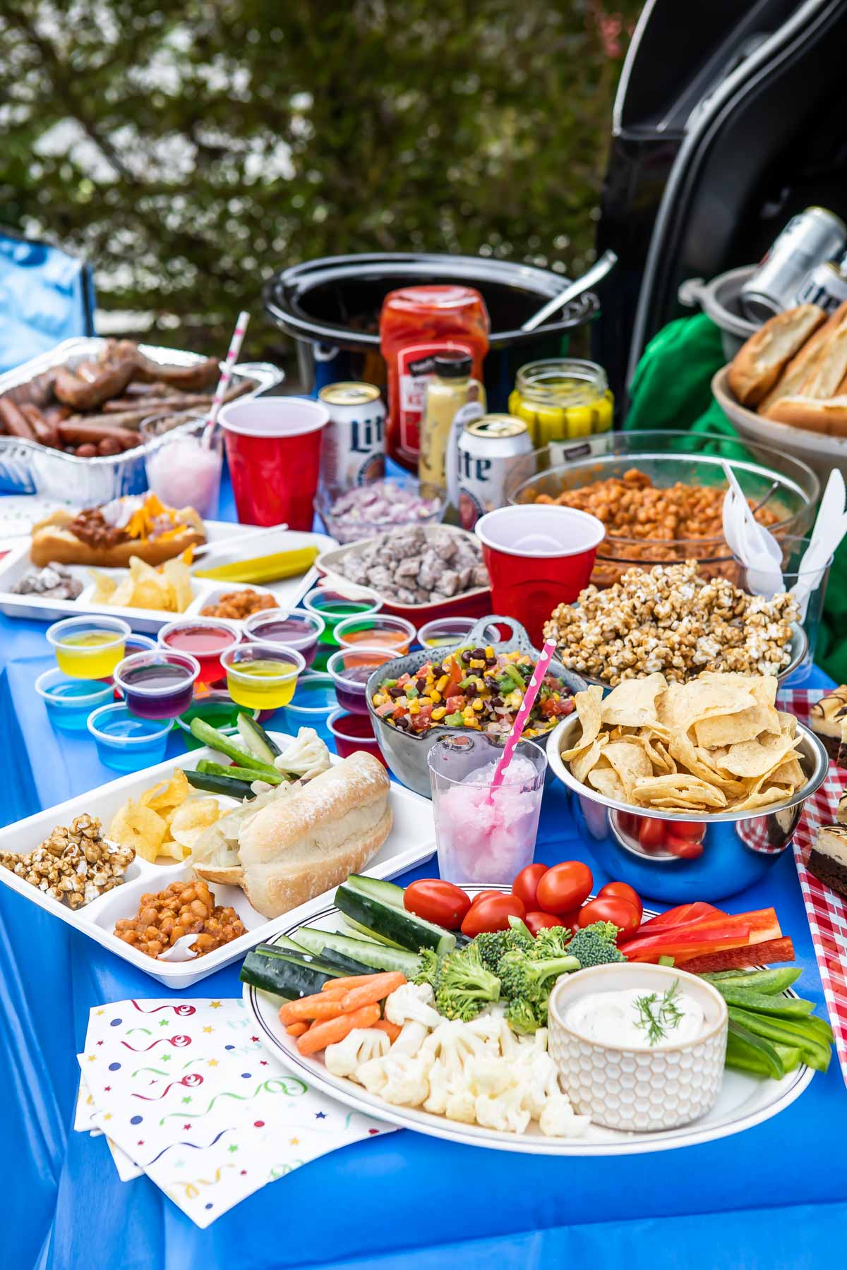 A tailgating spread set up at the back of a car.