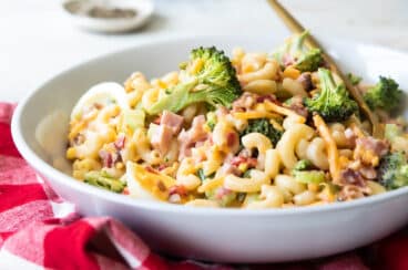 The best macaroni salad in a white serving bowl.