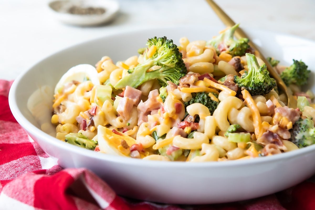 The best macaroni salad in a white serving bowl.