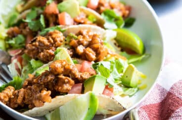 The best turkey tacos on a white platter.