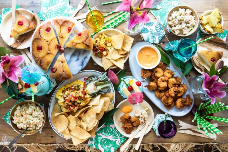 A table setting for a tropical party.