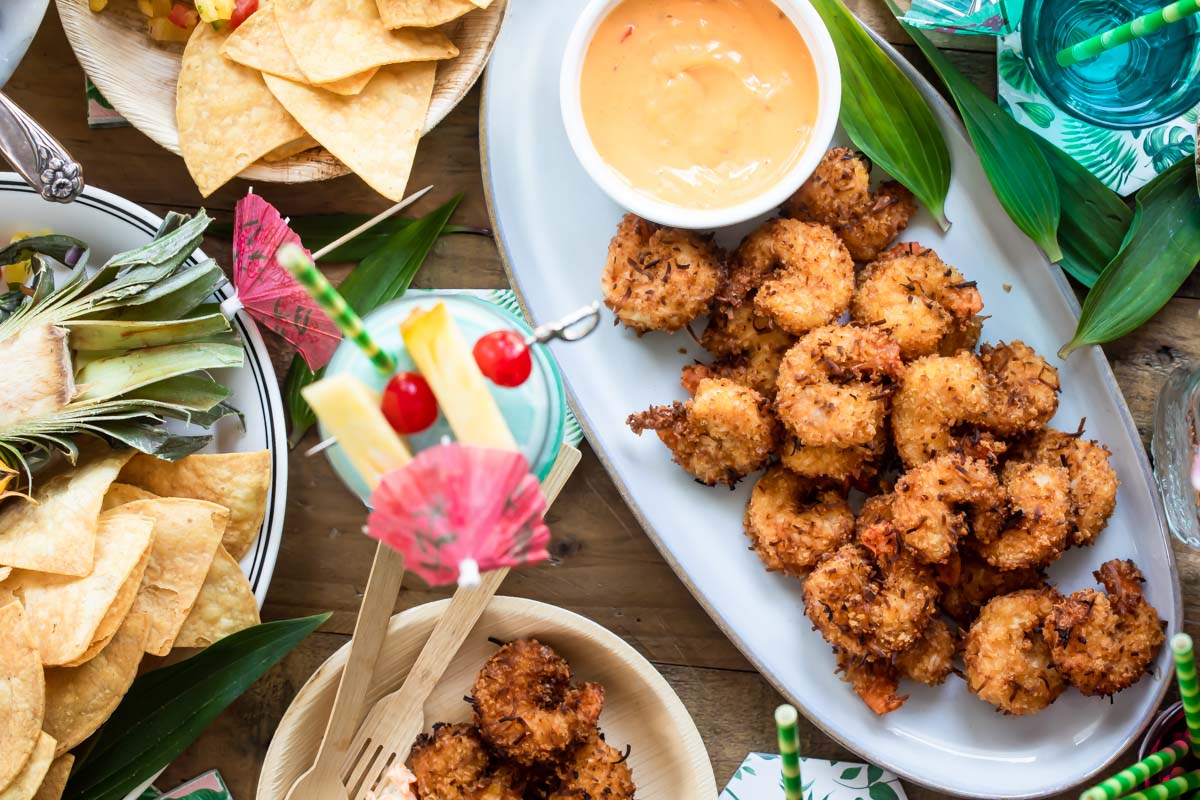 Coconut shrimp on platter.
