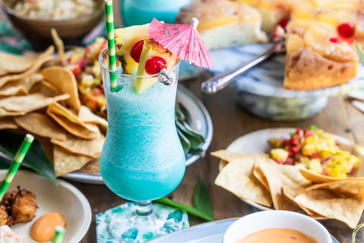 A table setting for a tropical party.