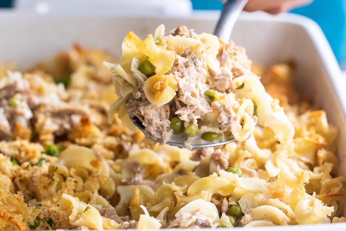 Tuna casserole in a white baking dish.