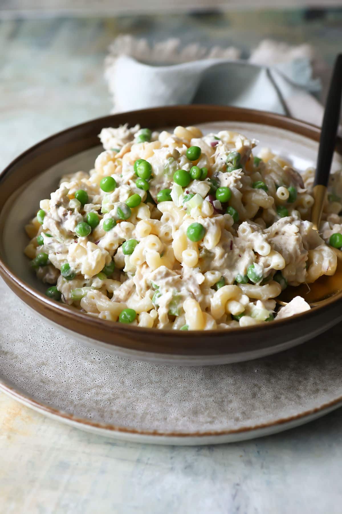 A bowl of tuna pasta salad.