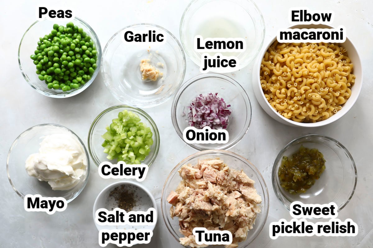 Labeled ingredients for tuna pasta salad.