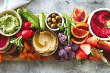 A colorful vegan charcuterie board.