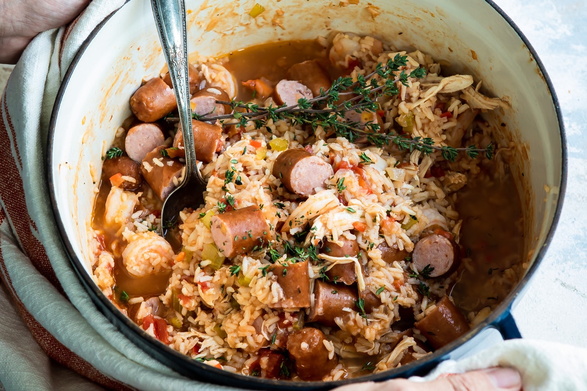 Wisconsin style jambalaya in a Dutch oven.